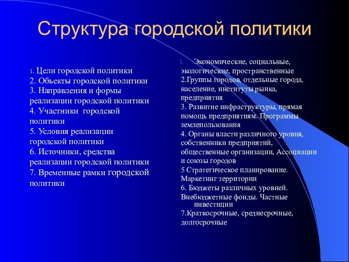 Структура городской политики 1. Цели городской политики 2. Объекты городской политики