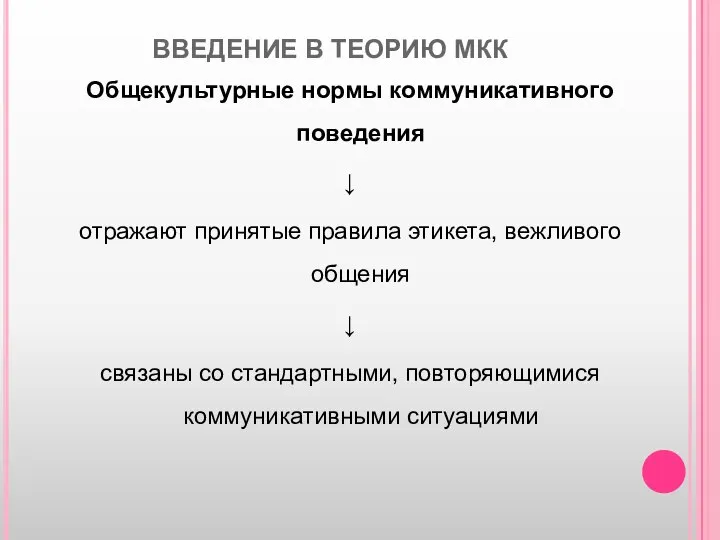 ВВЕДЕНИЕ В ТЕОРИЮ МКК Общекультурные нормы коммуникативного поведения ↓ отражают принятые