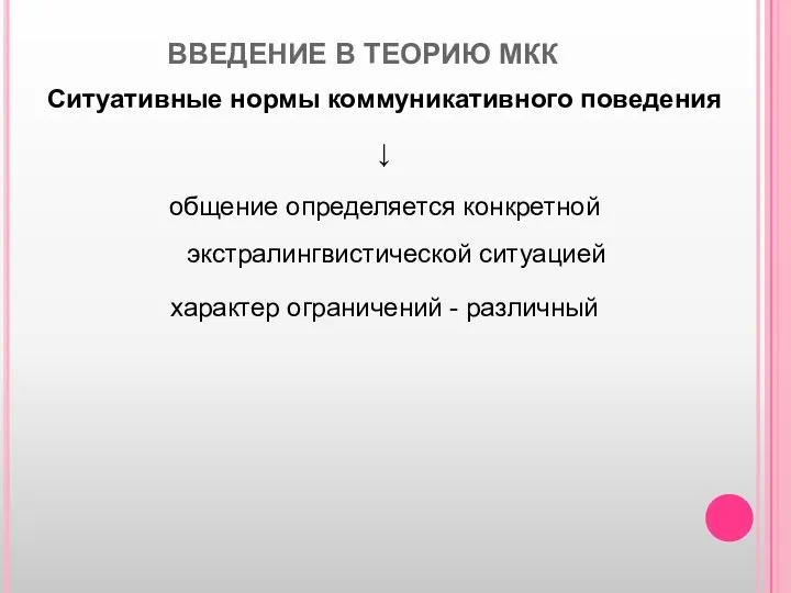 ВВЕДЕНИЕ В ТЕОРИЮ МКК Ситуативные нормы коммуникативного поведения ↓ общение определяется