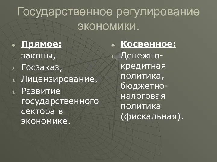 Государственное регулирование экономики. Прямое: законы, Госзаказ, Лицензирование, Развитие государственного сектора в