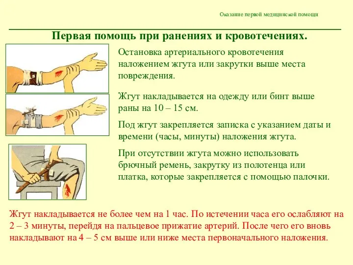 Оказание первой медицинской помощи Первая помощь при ранениях и кровотечениях. Жгут