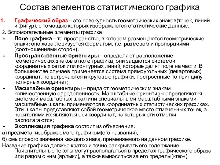 Состав элементов статистического графика Графический образ – это совокупность геометрических знаков(точек,