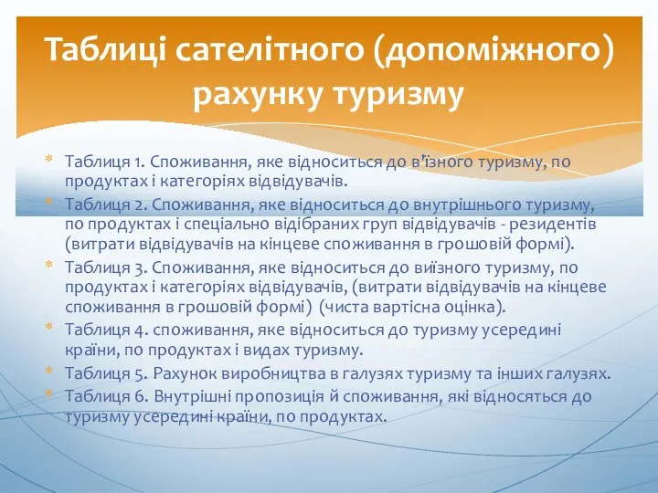 Таблиця 1. Споживання, яке відноситься до в'їзного туризму, по продуктах і