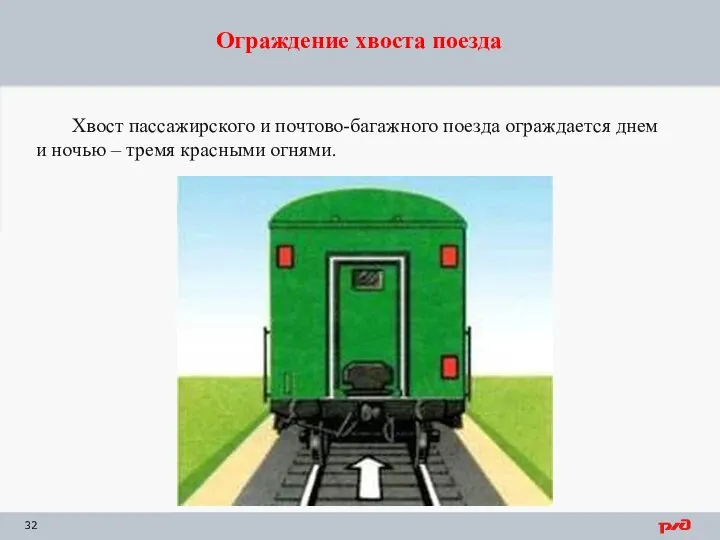 Ограждение хвоста поезда Хвост пассажирского и почтово-багажного поезда ограждается днем и ночью – тремя красными огнями.