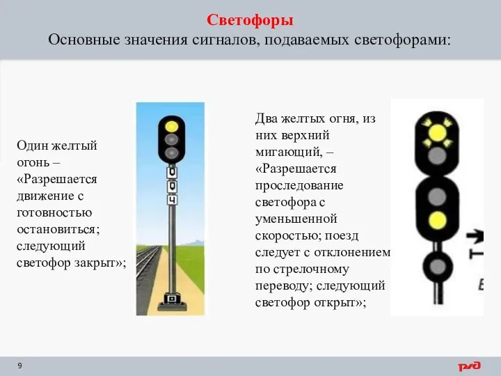 Светофоры Основные значения сигналов, подаваемых светофорами: Один желтый огонь – «Разрешается