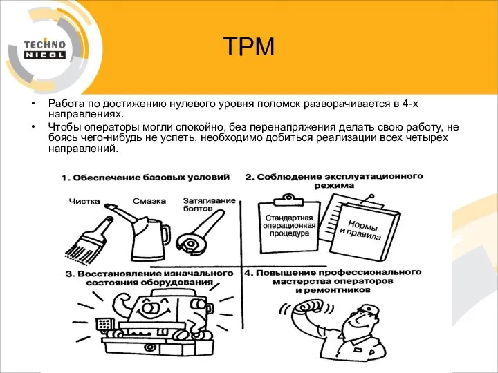 ТРМ Работа по достижению нулевого уровня поломок разворачивается в 4-х направлениях.