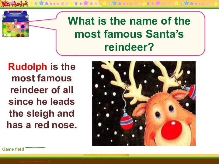 20 Game field http://edu-teacherzv.ucoz.ru Rudolph is the most famous reindeer of