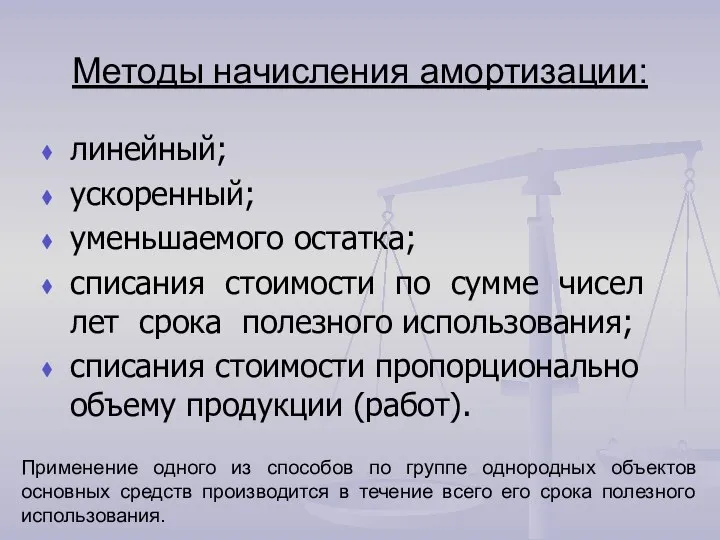 Методы начисления амортизации: линейный; ускоренный; уменьшаемого остатка; списания стоимости по сумме