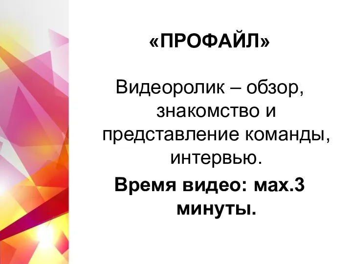 «ПРОФАЙЛ» Видеоролик – обзор, знакомство и представление команды, интервью. Время видео: мах.3 минуты.