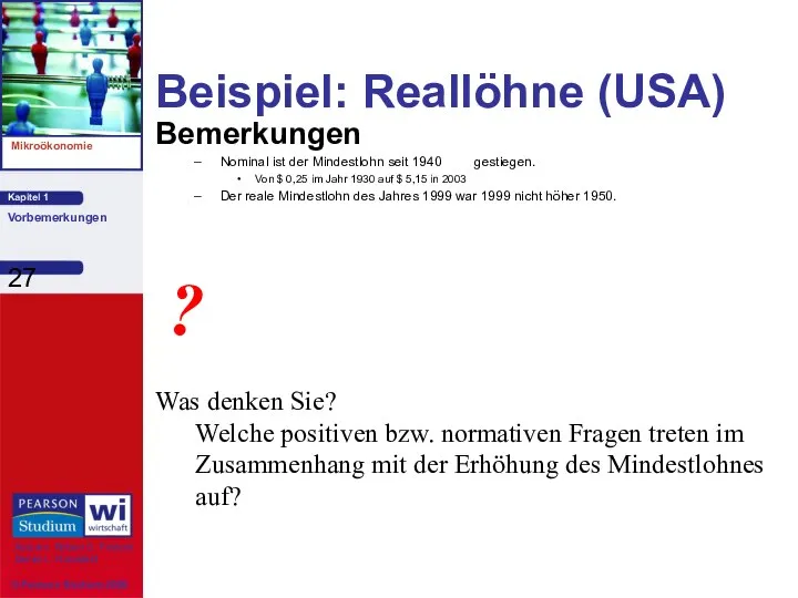 Beispiel: Reallöhne (USA) Bemerkungen Nominal ist der Mindestlohn seit 1940 gestiegen.