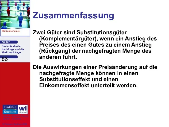 Zusammenfassung Zwei Güter sind Substitutionsgüter (Komplementärgüter), wenn ein Anstieg des Preises