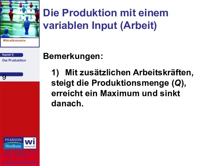 Bemerkungen: 1) Mit zusätzlichen Arbeitskräften, steigt die Produktionsmenge (Q), erreicht ein