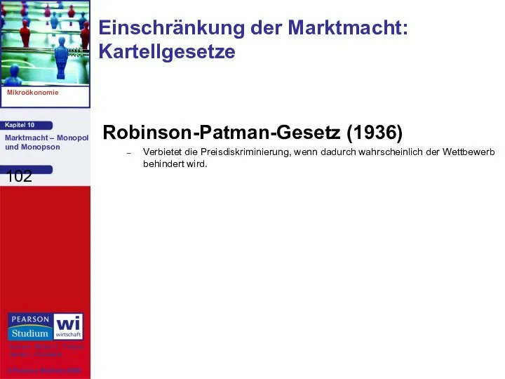 Robinson-Patman-Gesetz (1936) Verbietet die Preisdiskriminierung, wenn dadurch wahrscheinlich der Wettbewerb behindert wird. Einschränkung der Marktmacht: Kartellgesetze