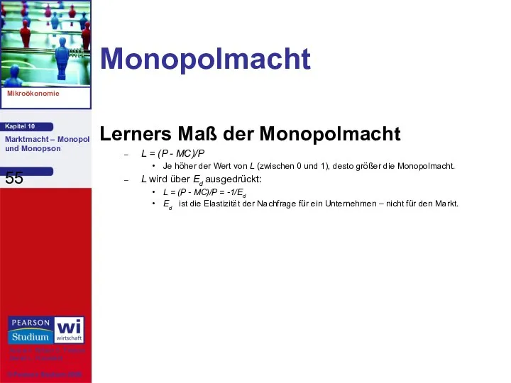 Monopolmacht Lerners Maß der Monopolmacht L = (P - MC)/P Je