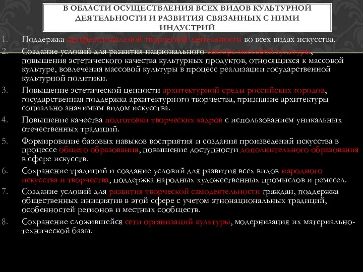 Поддержка профессиональной творческой деятельности во всех видах искусства. Создание условий для