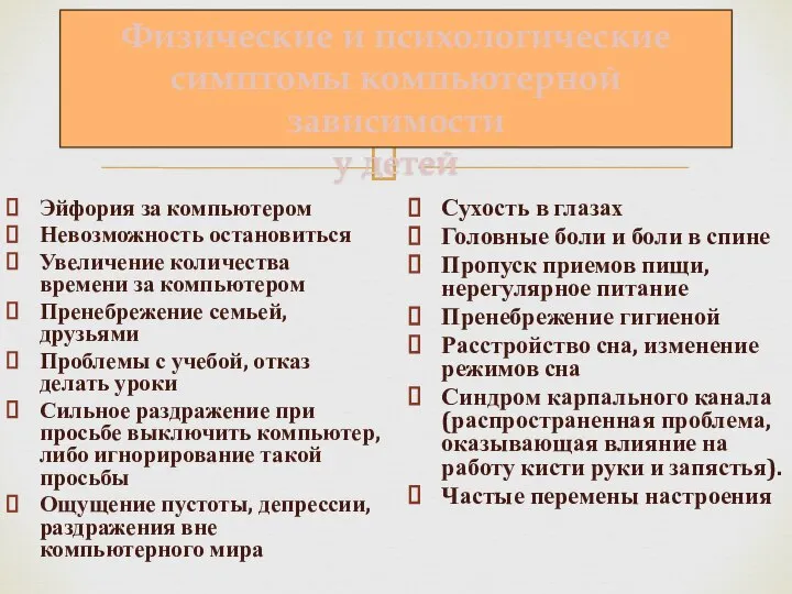 Физические и психологические симптомы компьютерной зависимости у детей Эйфория за компьютером