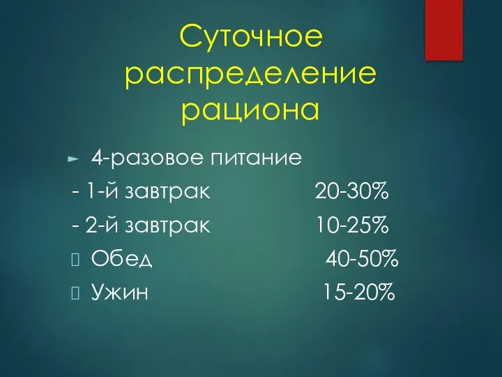 Суточное распределение рациона 4-разовое питание - 1-й завтрак 20-30% - 2-й