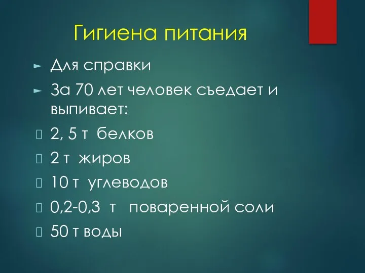 Гигиена питания Для справки За 70 лет человек съедает и выпивает: