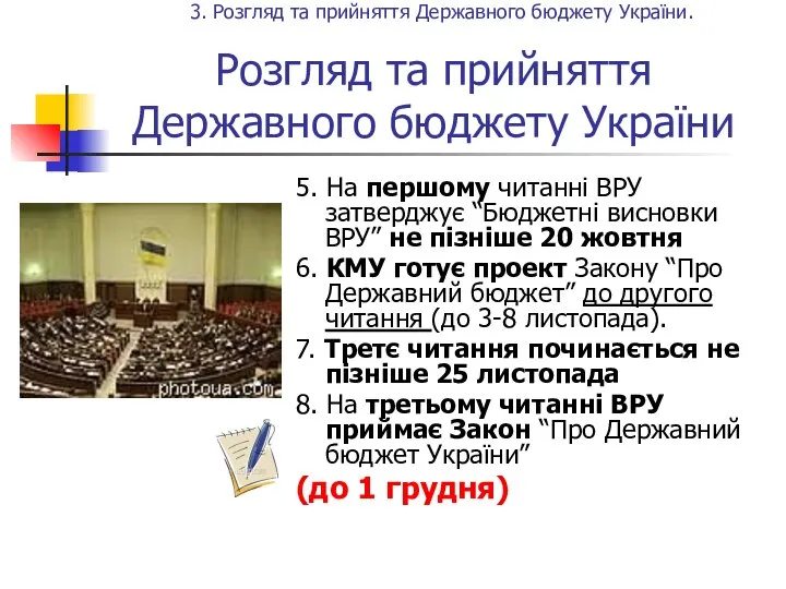 Розгляд та прийняття Державного бюджету України 5. На першому читанні ВРУ