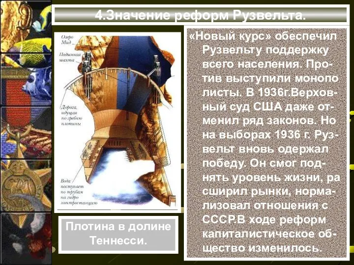 4.Значение реформ Рузвельта. «Новый курс» обеспечил Рузвельту поддержку всего населения. Про-тив