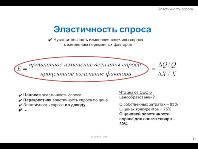 Эластичность спроса Чувствительность изменения величины спроса к изменению переменных факторов Ценовая