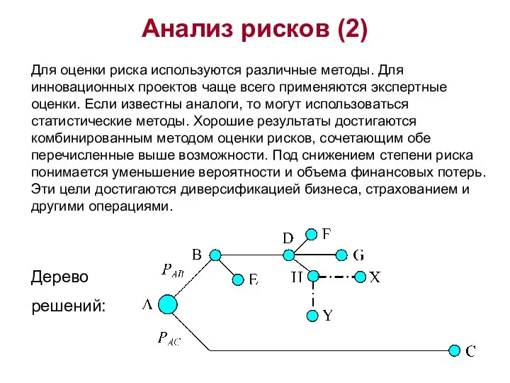 Анализ рисков (2) Для оценки риска используются различные методы. Для инновационных