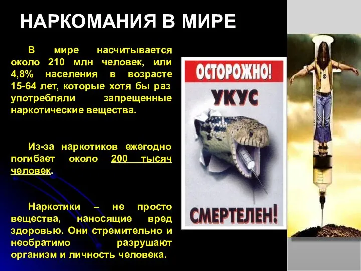 НАРКОМАНИЯ В МИРЕ В мире насчитывается около 210 млн человек, или