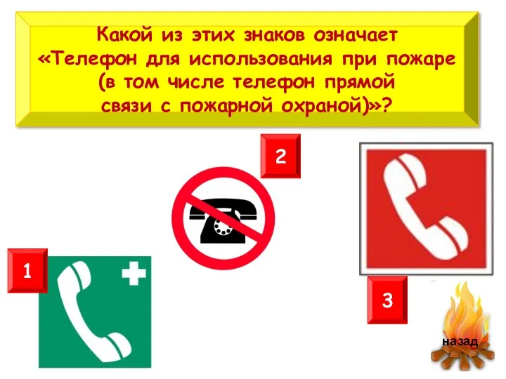 Какой из этих знаков означает «Телефон для использования при пожаре (в