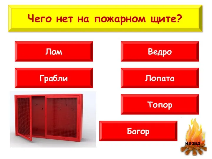 Лом Грабли Чего нет на пожарном щите? Ведро Лопата Топор Багор