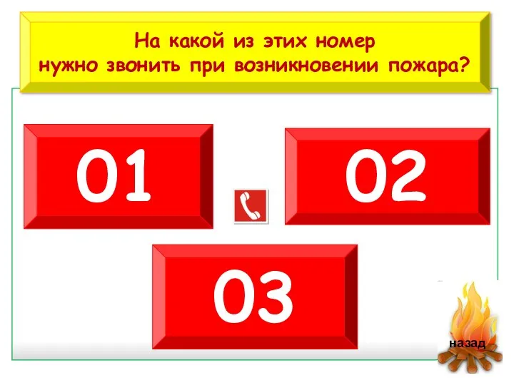 На какой из этих номер нужно звонить при возникновении пожара? 01 02 03