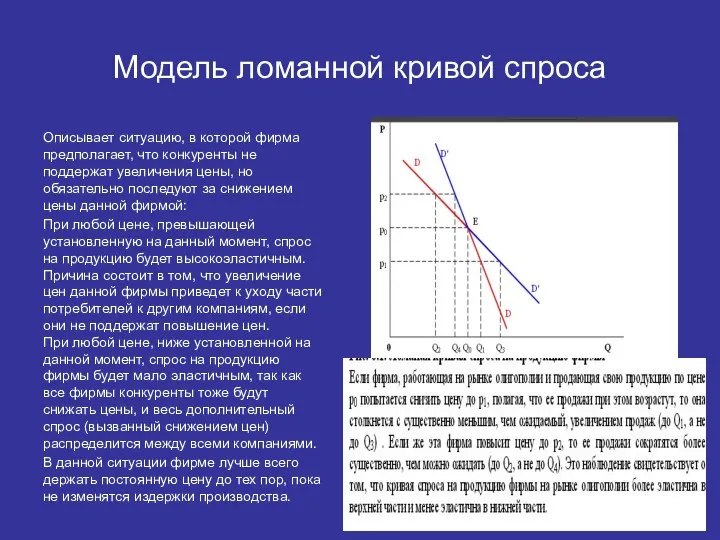 Модель ломанной кривой спроса Описывает ситуацию, в которой фирма предполагает, что