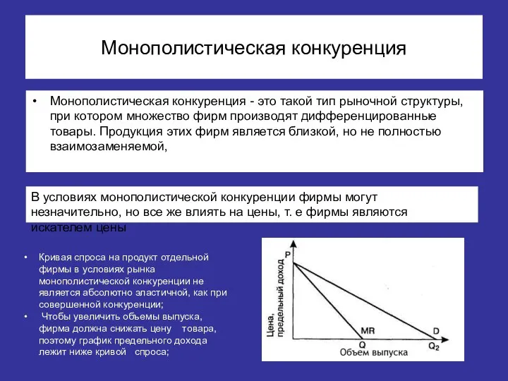 Монополистическая конкуренция Монополистическая конкуренция - это такой тип рыночной структуры, при