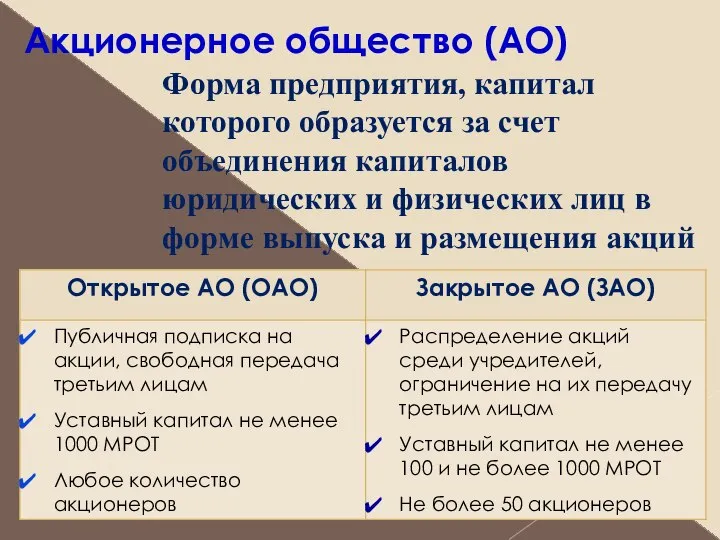 Акционерное общество (АО) Форма предприятия, капитал которого образуется за счет объединения