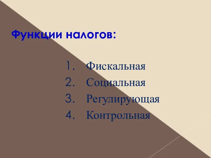 Функции налогов: Фискальная Социальная Регулирующая Контрольная