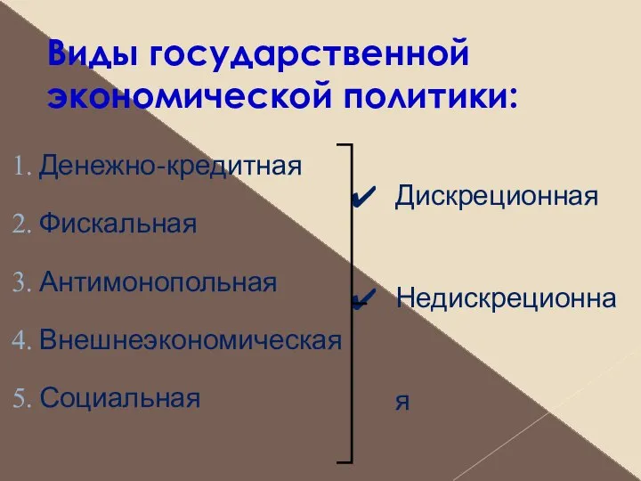 Виды государственной экономической политики: Денежно-кредитная Фискальная Антимонопольная Внешнеэкономическая Социальная Дискреционная Недискреционная