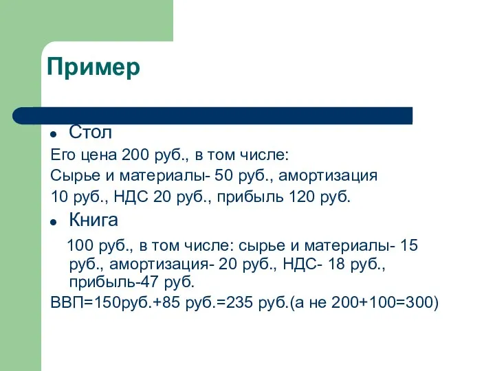 Пример Стол Его цена 200 руб., в том числе: Сырье и