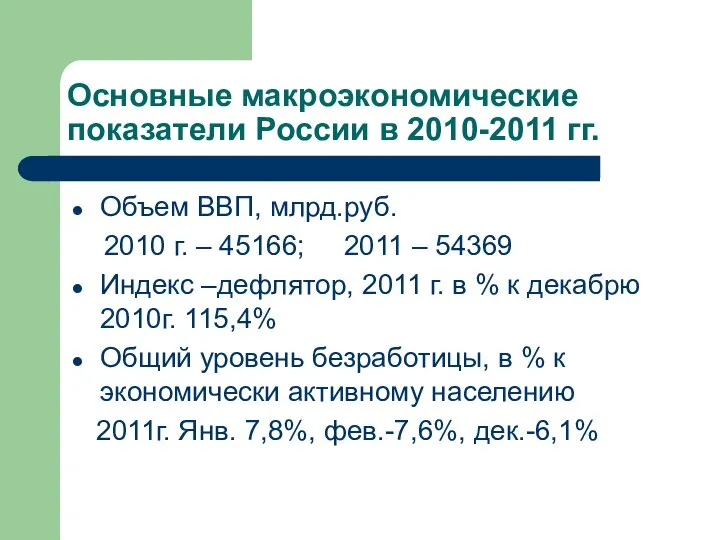 Основные макроэкономические показатели России в 2010-2011 гг. Объем ВВП, млрд.руб. 2010