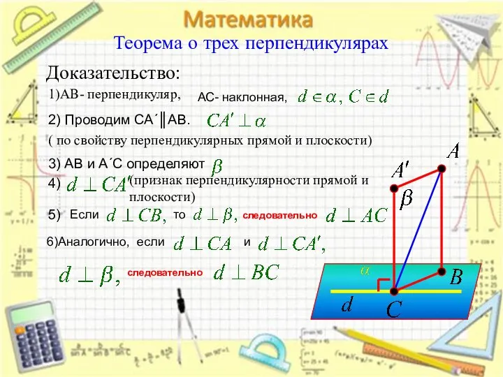 Теорема о трех перпендикулярах Доказательство: 1)АВ- перпендикуляр, 2) Проводим СА´║АВ. (