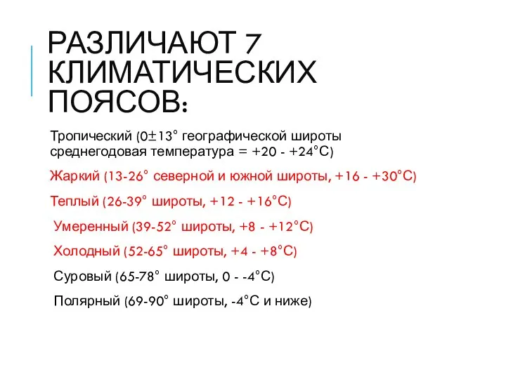 РАЗЛИЧАЮТ 7 КЛИМАТИЧЕСКИХ ПОЯСОВ: Тропический (0±13° географической широты среднегодовая температура =