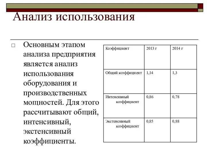 Анализ использования Основным этапом анализа предприятия является анализ использования оборудования и