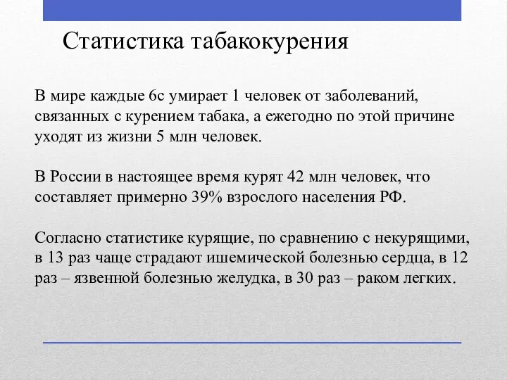 Статистика табакокурения В мире каждые 6с умирает 1 человек от заболеваний,