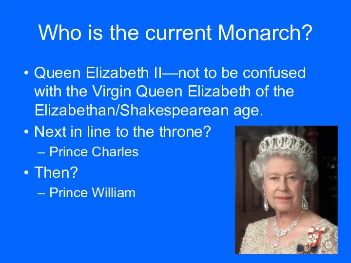 Who is the current Monarch? Queen Elizabeth II—not to be confused