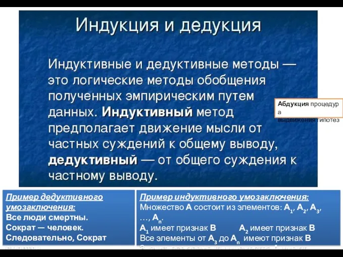 Пример дедуктивного умозаключения: Все люди смертны. Сократ — человек. Следовательно, Сократ