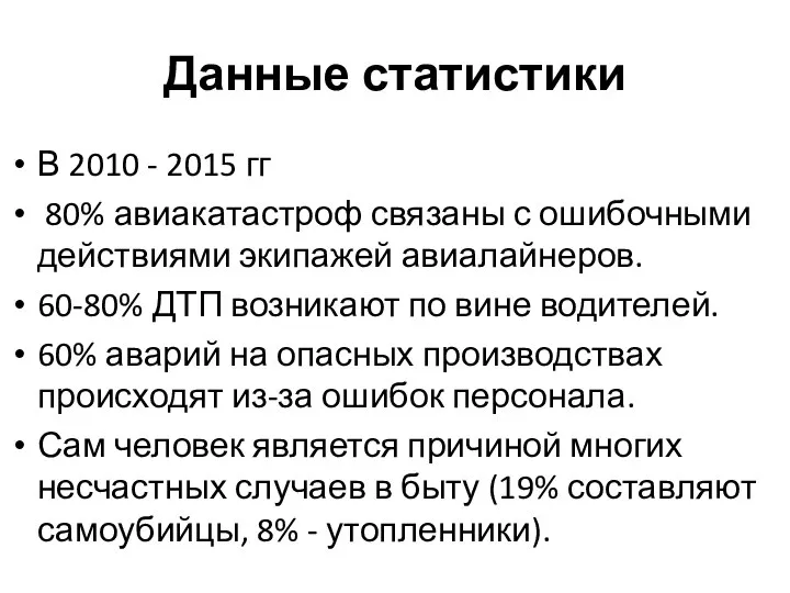 Данные статистики В 2010 - 2015 гг 80% авиакатастроф связаны с