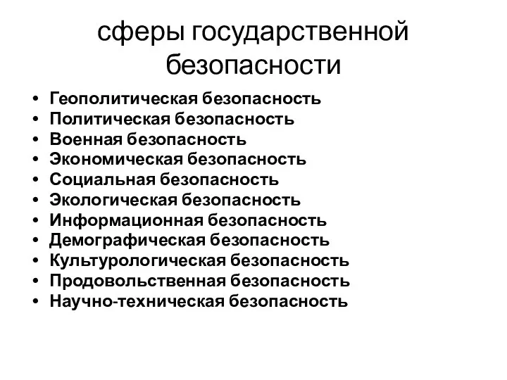 сферы государственной безопасности Геополитическая безопасность Политическая безопасность Военная безопасность Экономическая безопасность