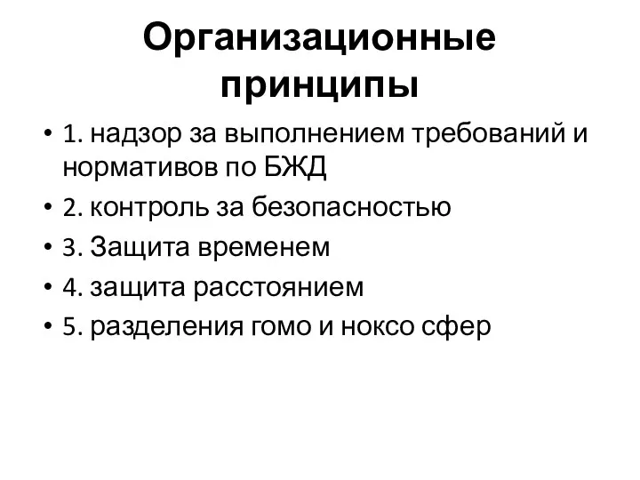 Организационные принципы 1. надзор за выполнением требований и нормативов по БЖД