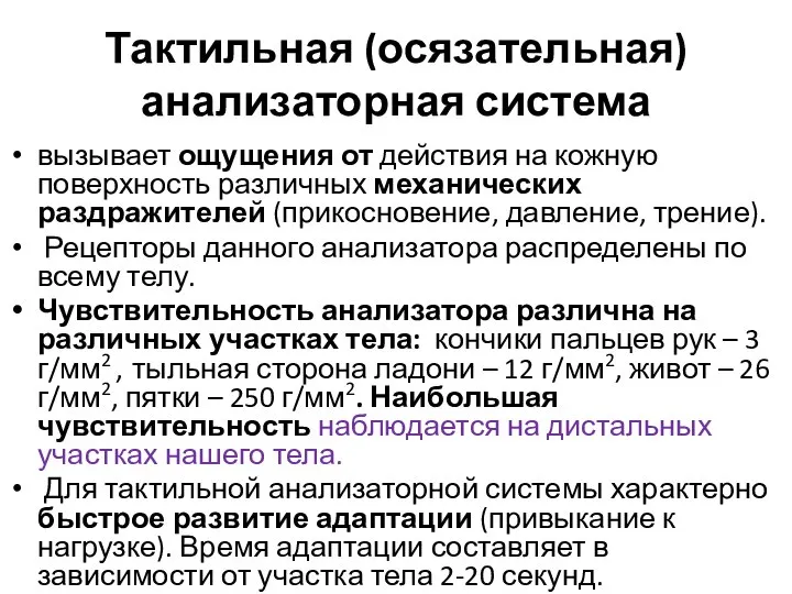 Тактильная (осязательная) анализаторная система вызывает ощущения от действия на кожную поверхность