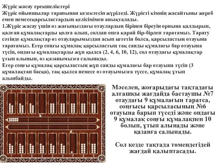 Жүріс жасау ерекшеліктері Жүріс ойыншылар тарапынан кезектесіп жүріледі. Жүрісті кімнің жасайтыны