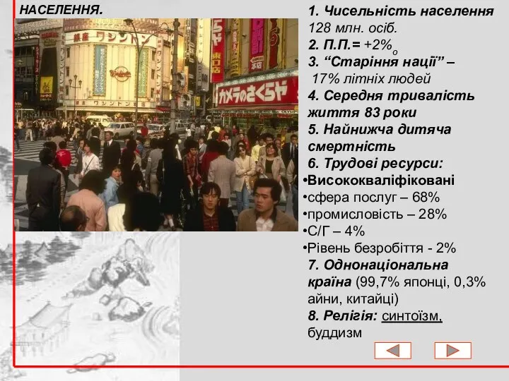 1. Чисельність населення 128 млн. осіб. 2. П.П.= +2%о 3. “Старіння