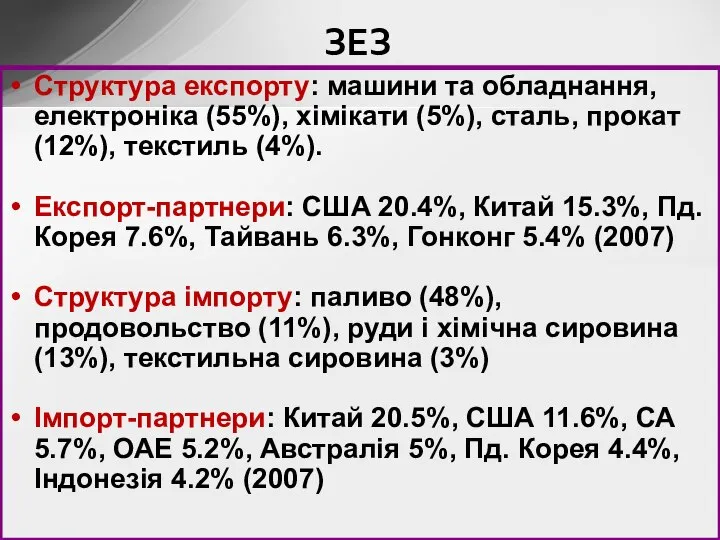 Структура експорту: машини та обладнання, електроніка (55%), хімікати (5%), сталь, прокат